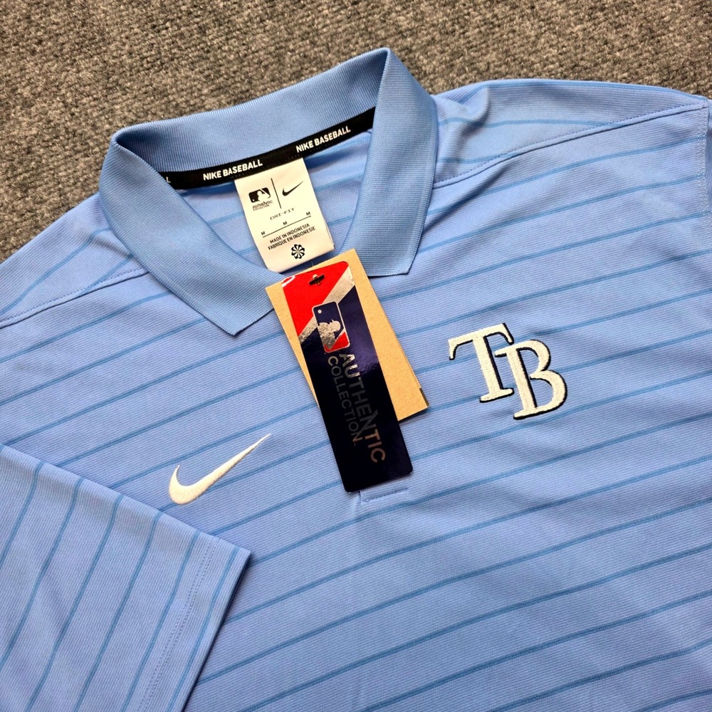 Nike Tampa Bay Rays MLB Polo Shirt Men Medium Blue Striped Dri-FIT Authentic NWT